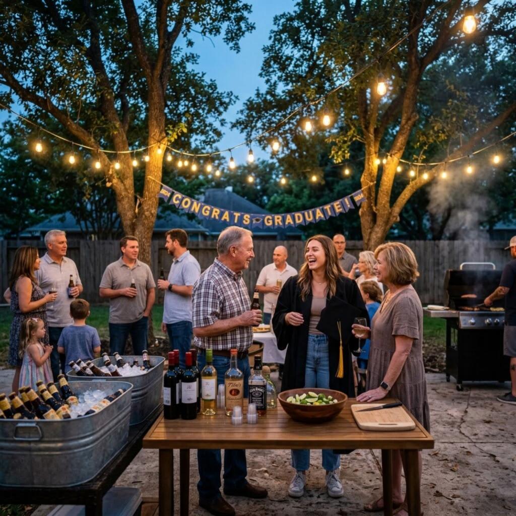 Texas Graduation Party Drinks: Bar for 50 Guests Under $200 at Zipps Evening Texas graduation party with family celebrating and drinks on outdoor patio