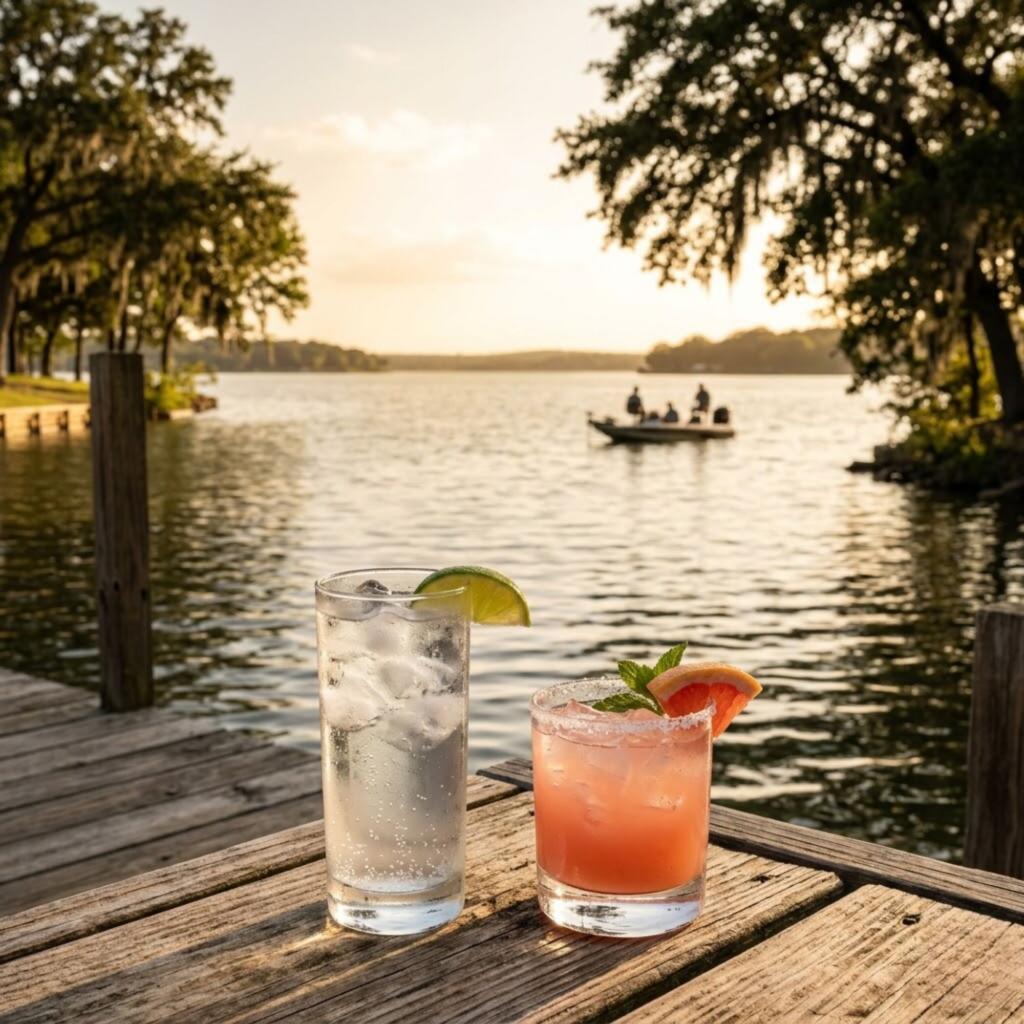 Texas lake scene with outdoor table and tequila cocktails during afternoon