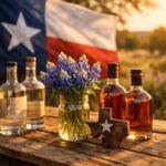 Texas distilled spirits with Texas flag bluebonnets and lone star decorations for San Jacinto Day