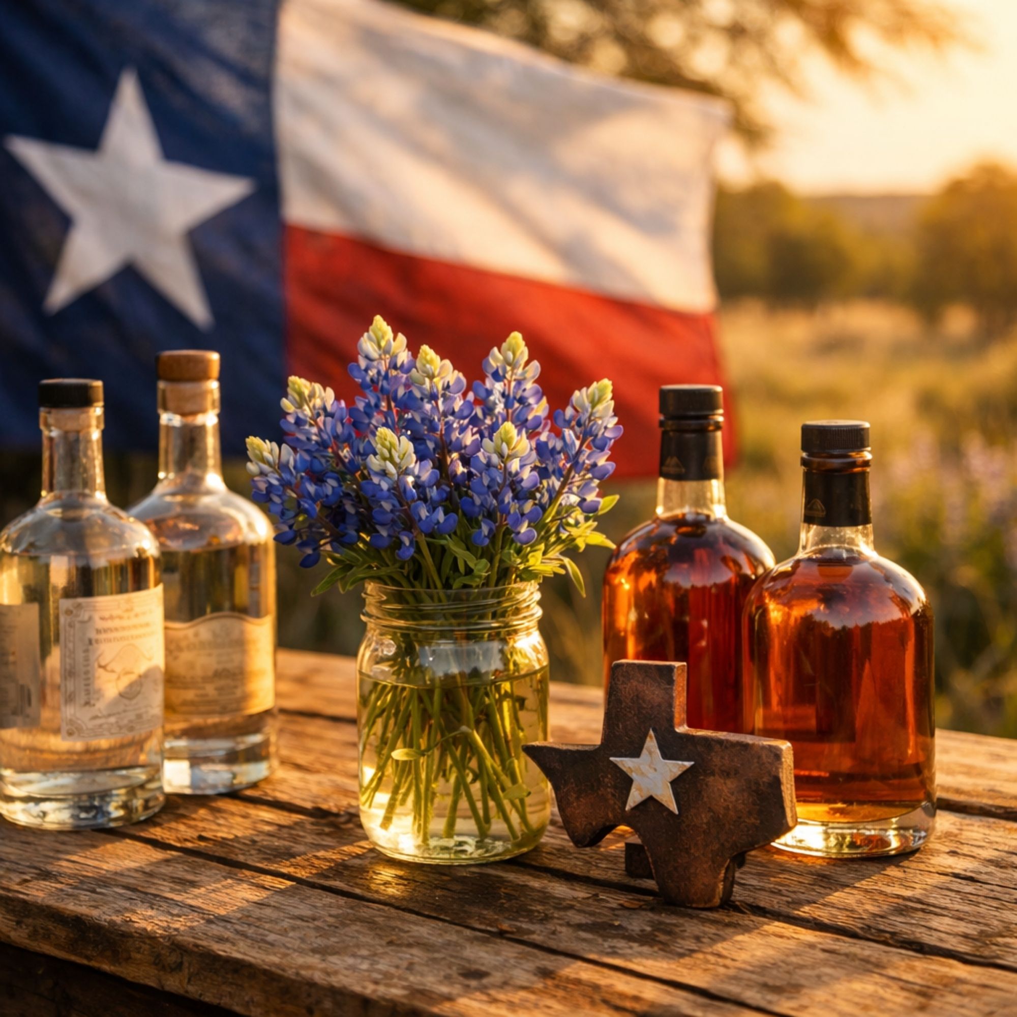 Texas distilled spirits with Texas flag bluebonnets and lone star decorations for San Jacinto Day