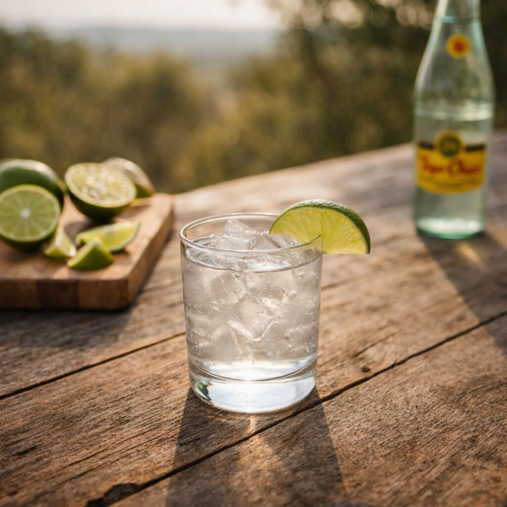 Texas Ranch Water cocktail with Texas sotol Topo Chico and fresh lime on rustic table