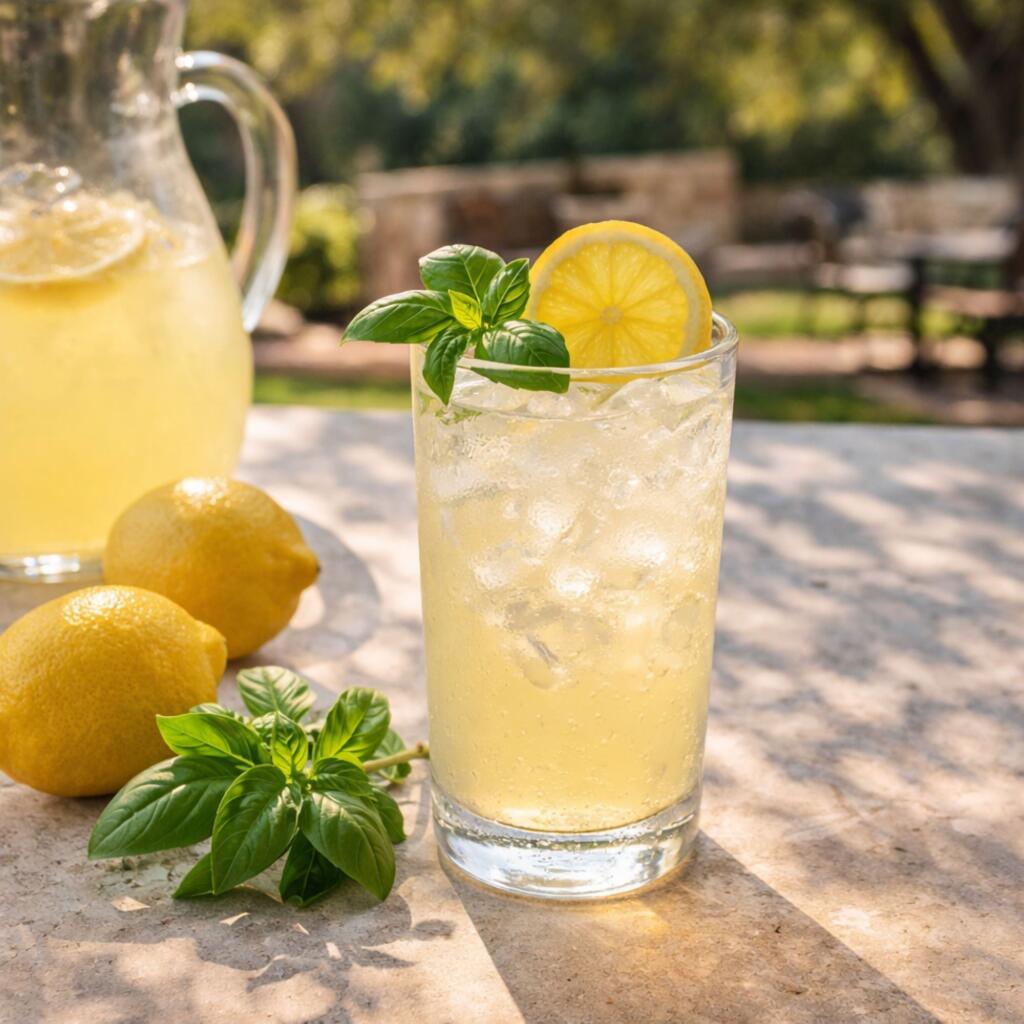 Spring vodka lemonade cocktail on outdoor Texas patio table with fresh lemons and herbs in warm afternoon sunlight