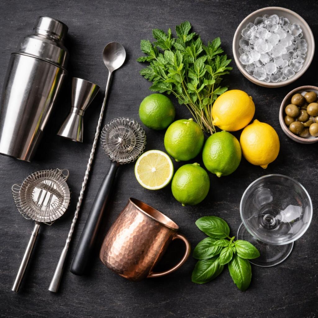 Vodka cocktail making ingredients and barware - fresh citrus ice cubes shaker glassware and herbs arranged on bar surface