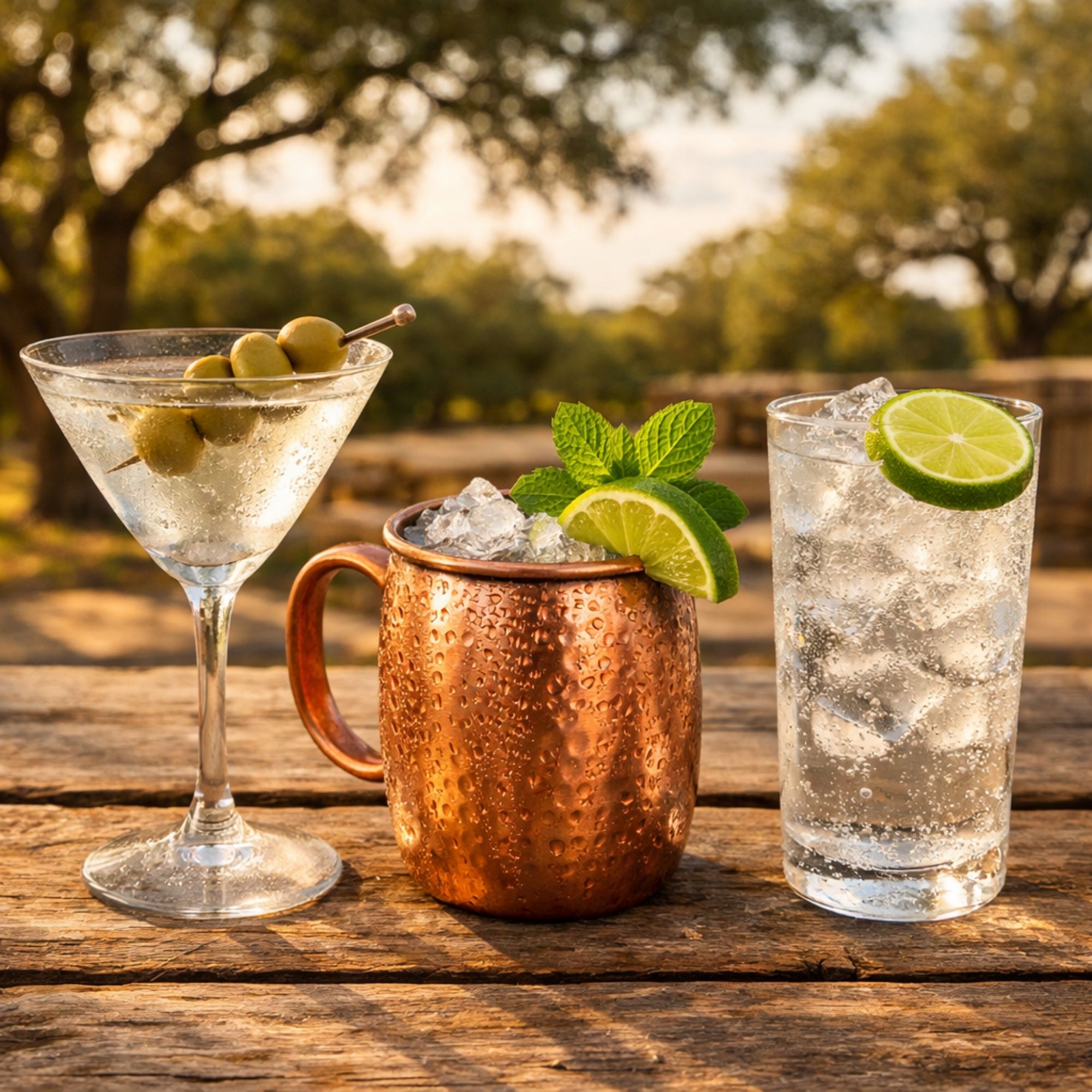 Classic vodka cocktails trending 2026 - Dirty Martini Moscow Mule vodka soda lineup on rustic wooden bar
