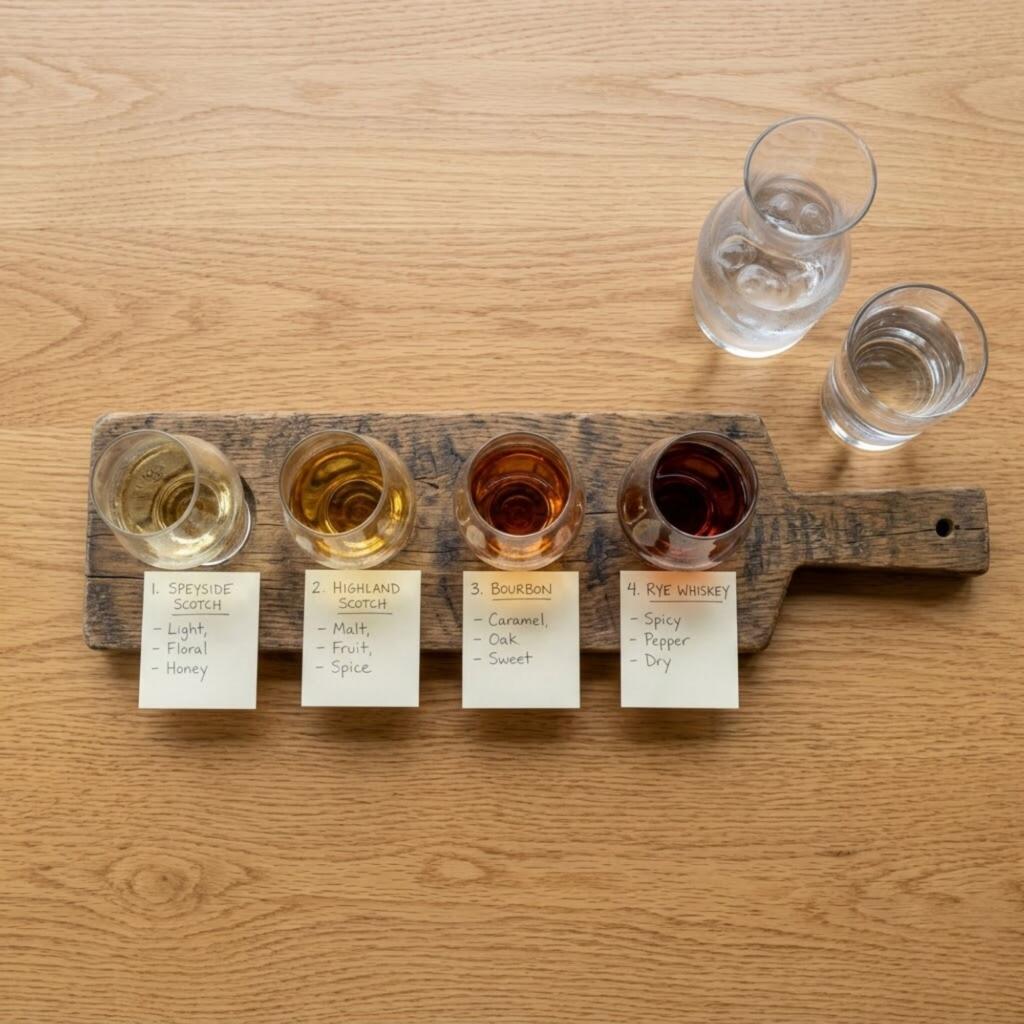 Four whiskey glasses with bourbon tasting flight on wooden serving board