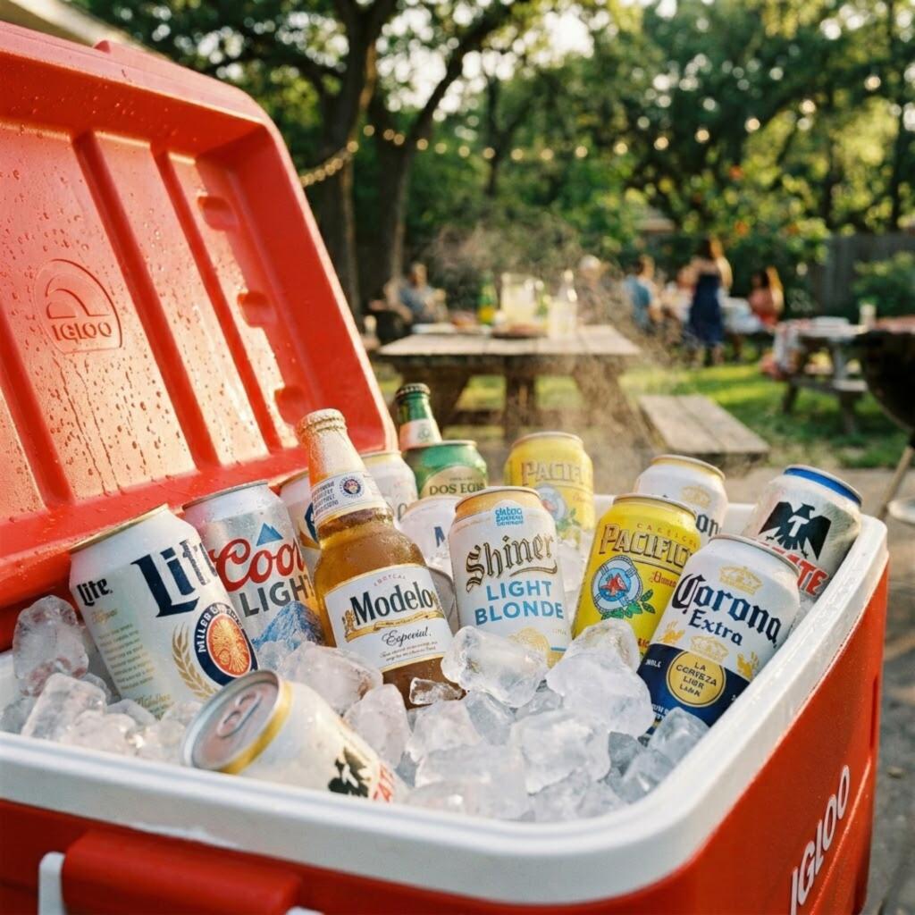 Cooler filled with Miller Lite, Coors Light, and Modelo beers packed in ice for a Texas summer party