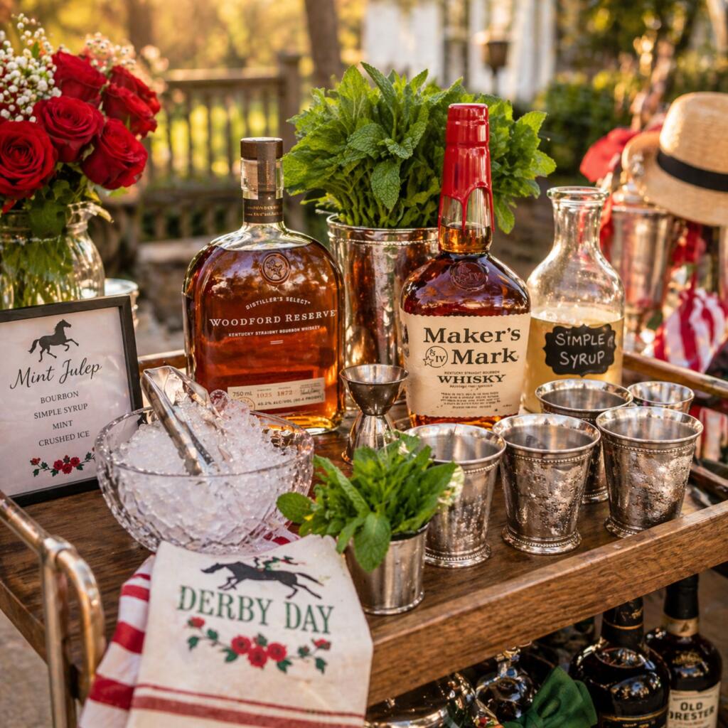 Woodford Reserve, Maker's Mark bourbon bottles with Derby cocktail ingredients and silver julep cups