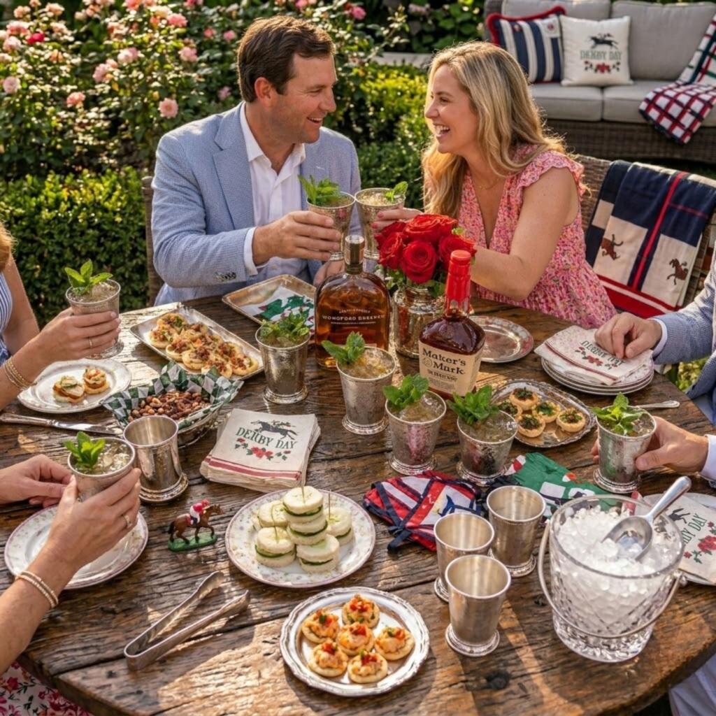 Kentucky Derby party table with mint juleps, bourbon bottles, roses, and racing decorations