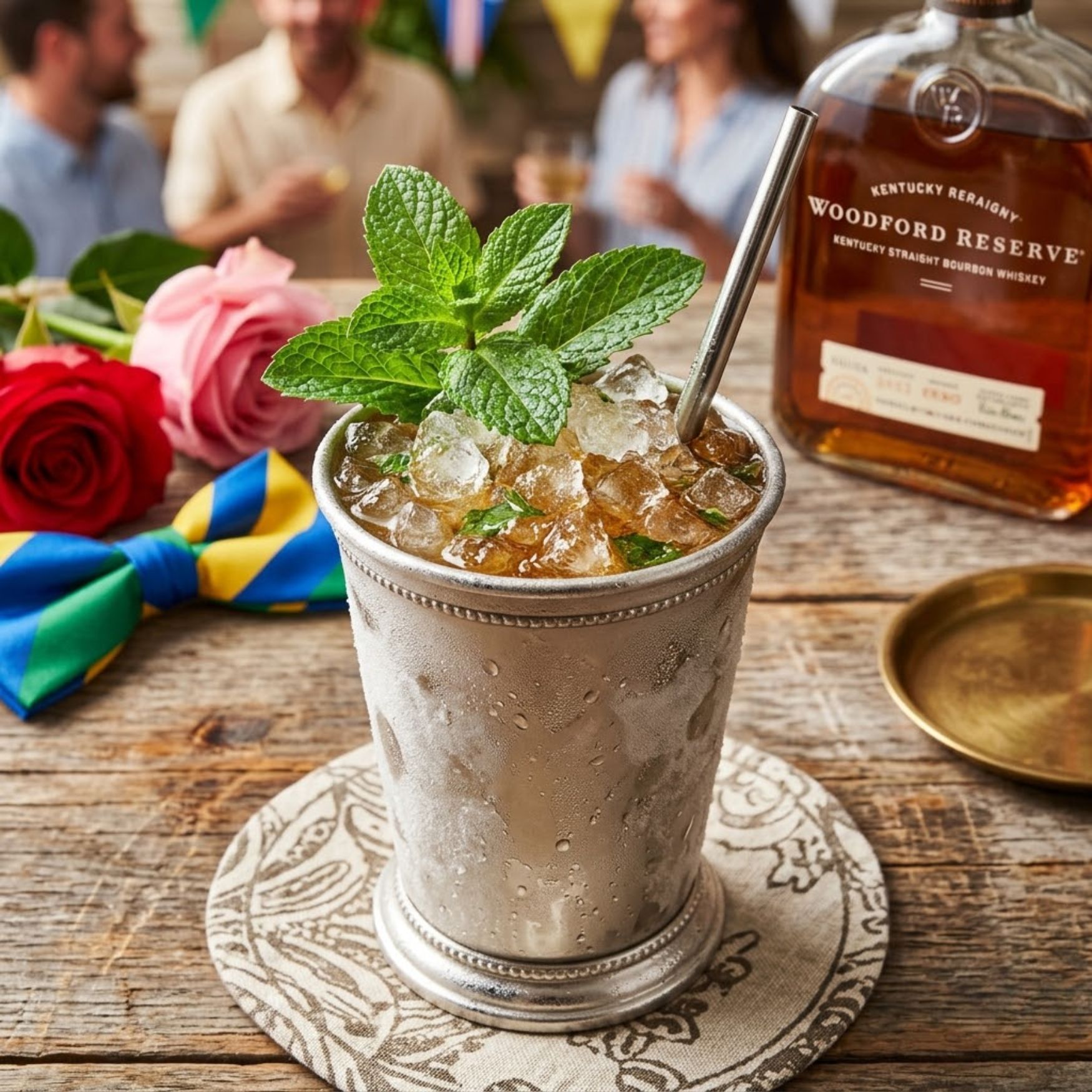 Classic mint julep in silver cup with Woodford Reserve bourbon and fresh mint sprigs on Derby party table