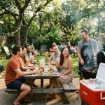 Memorial Day BBQ party in Texas with coolers full of beer, tequila cocktails, and friends gathered outdoors