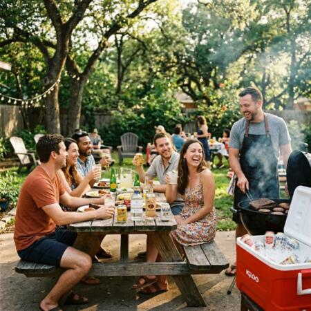 Memorial Day BBQ party in Texas with coolers full of beer, tequila cocktails, and friends gathered outdoors