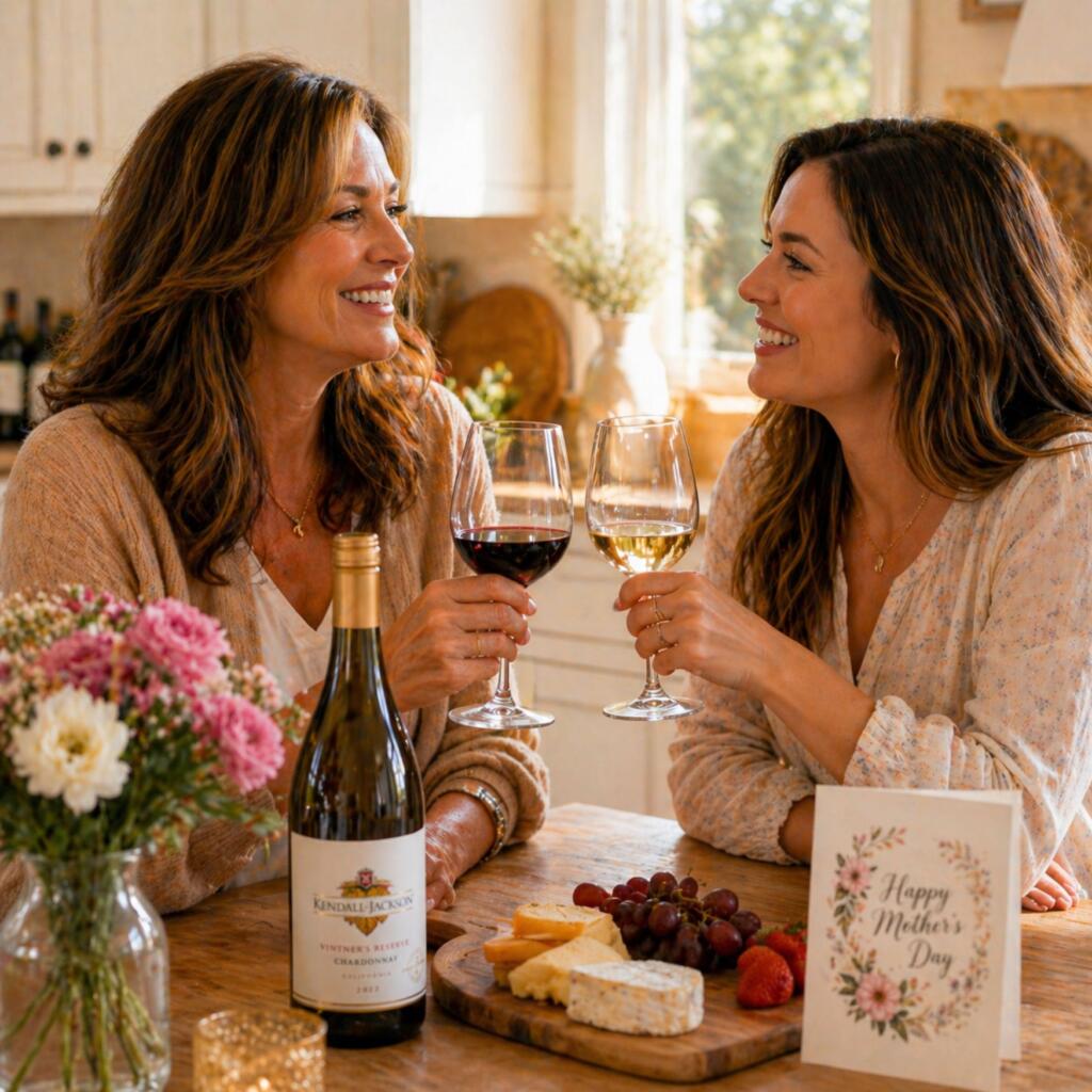 Mother and adult daughter enjoying wine together celebrating Mother's Day at home in Texas