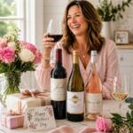 Mother's Day wine gift display with red, white, and rosé bottles arranged with flowers and gift wrap