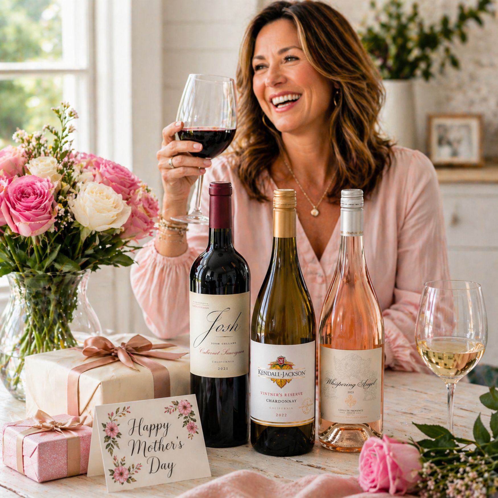 Mother's Day wine gift display with red, white, and rosé bottles arranged with flowers and gift wrap