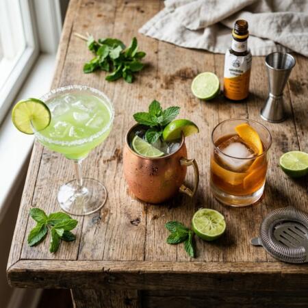 Three classic cocktails with fresh garnishes on rustic wooden bar top, celebrating National Cocktail Day