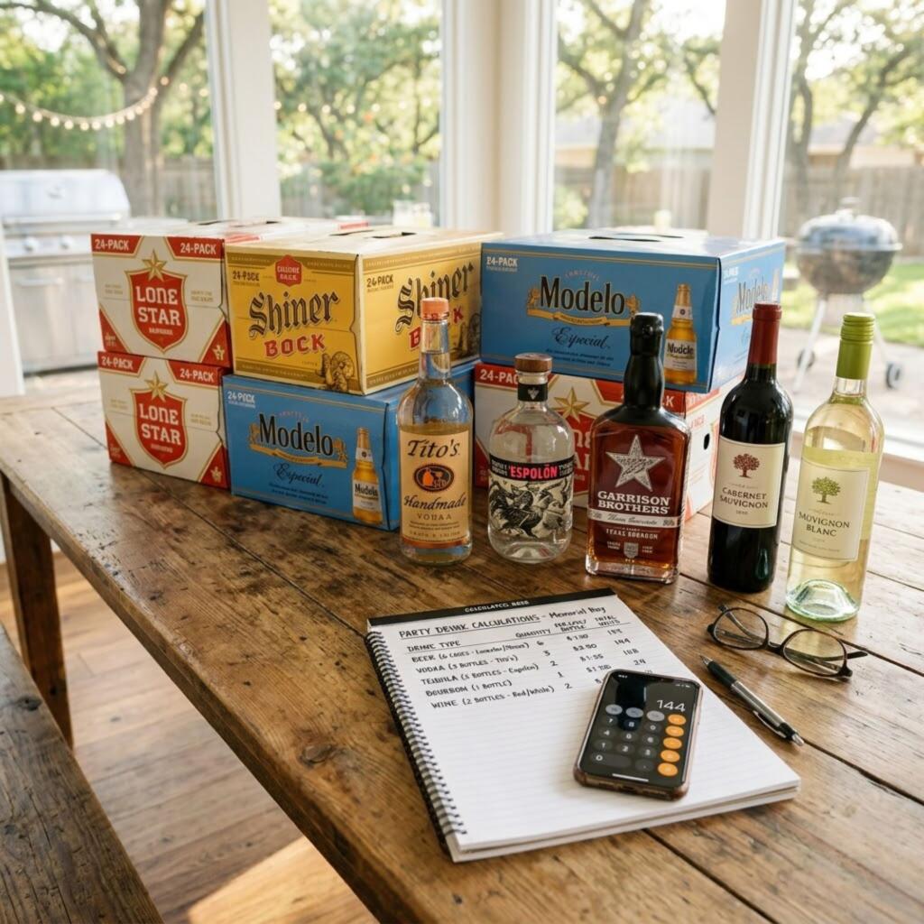 Alcohol calculator setup showing beer cases, liquor bottles, wine, and drink quantity planning for a Texas party