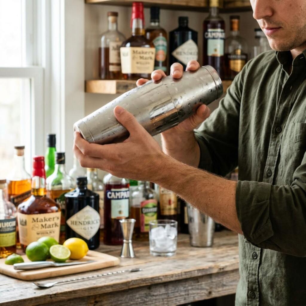 Bartender's hands shaking cocktail in silver shaker, demonstrating a three-ingredient cocktail technique