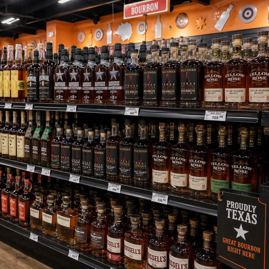 Wide selection of Texas bourbon bottles on shelves at Zipps Spring including Garrison Brothers and Balcones