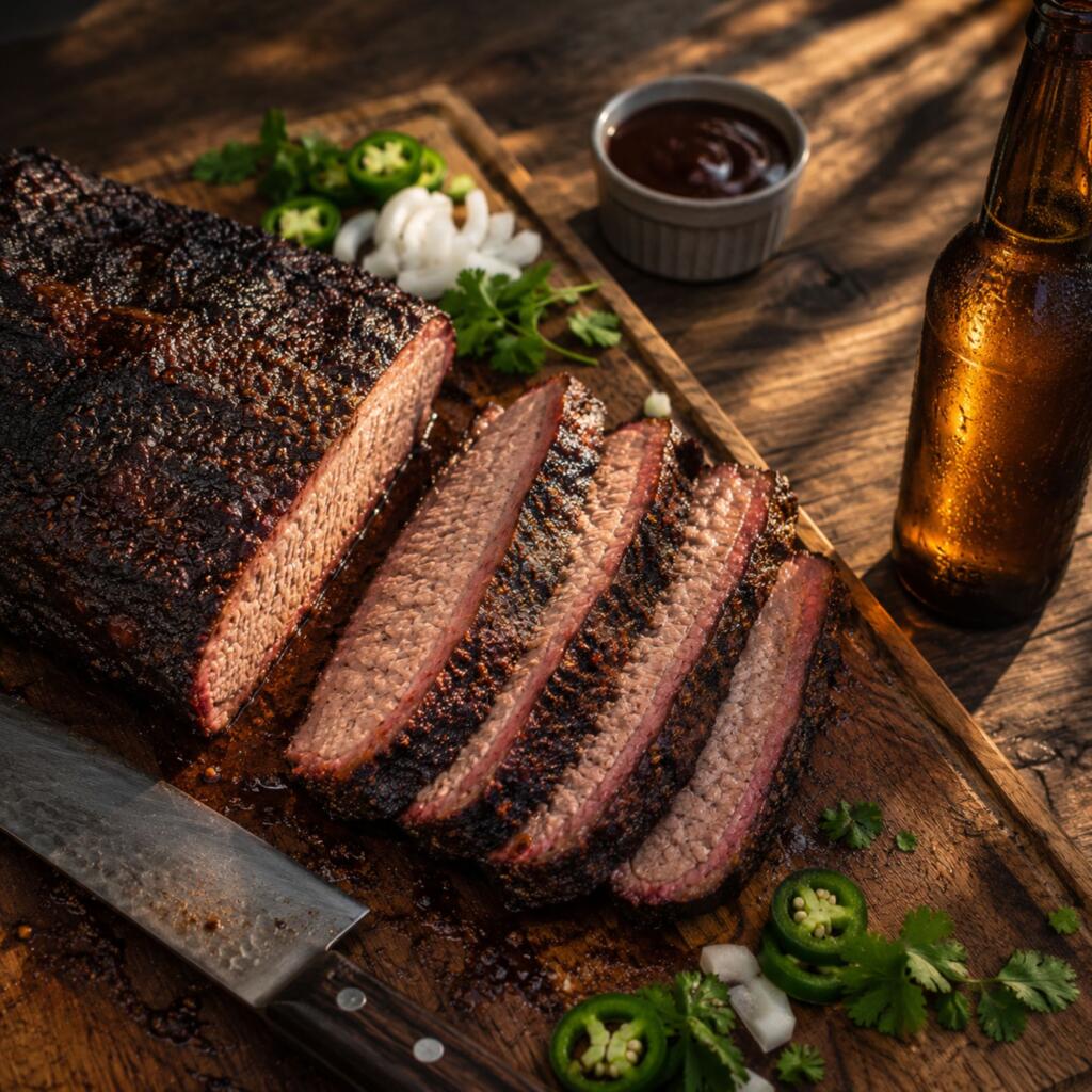 Memorial Day Beer Guide 2026: Palestine Texas BBQ Beer Selection at Zipps Sliced Texas smoked brisket on a cutting board next to a cold beer bottle at a Memorial Day BBQ