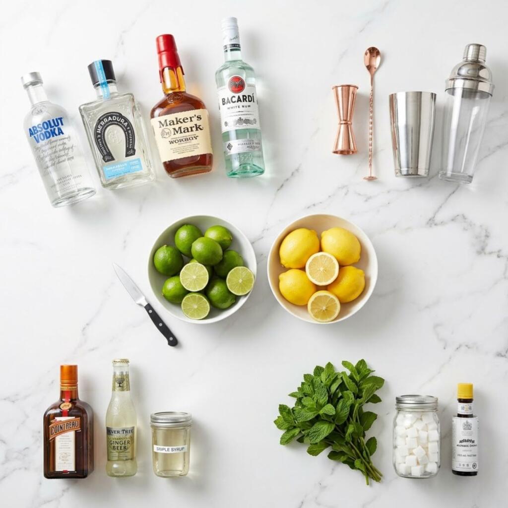 Essential spirits and ingredients for making three-ingredient cocktails, including vodka, tequila, whiskey, rum, and fresh citrus