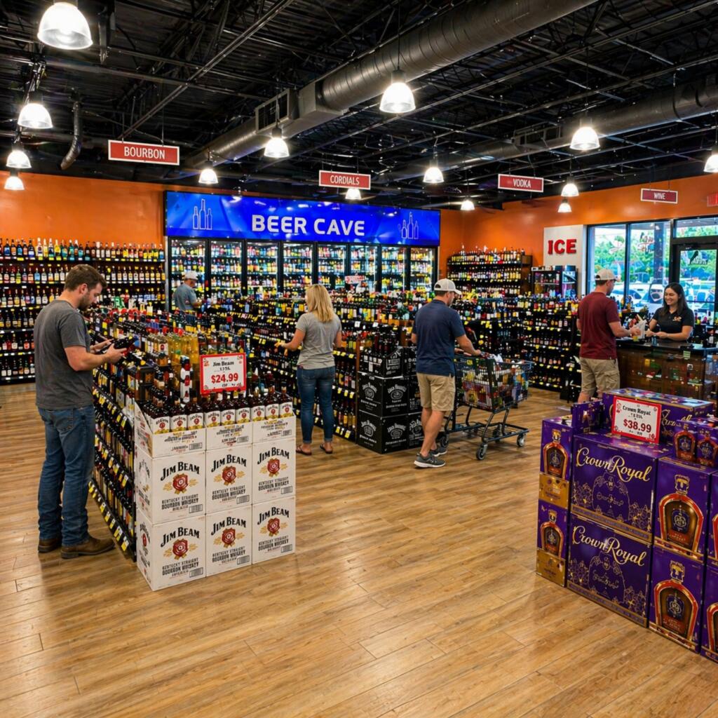 Wide-angle interior of Zipps Liquor in Spring, Texas, showing beer cave section, organized liquor shelves, clear pricing, and customers browsing whiskey, vodka, and spirits in a bright retail store