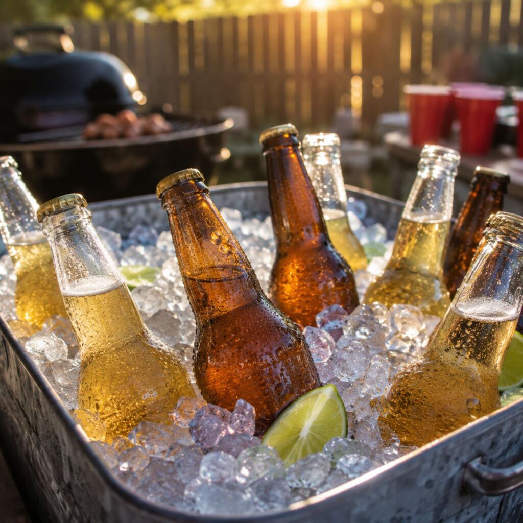 Memorial Day Beer Guide 2026: Palestine Texas BBQ Beer Selection at Zipps Mexican lager beer bottles on ice in a cooler at a Texas outdoor BBQ party
