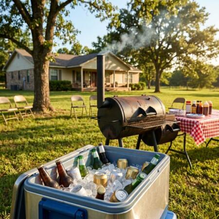 Memorial Day BBQ cookout in Palestine Texas with a packed beer cooler and smoking grill in the background