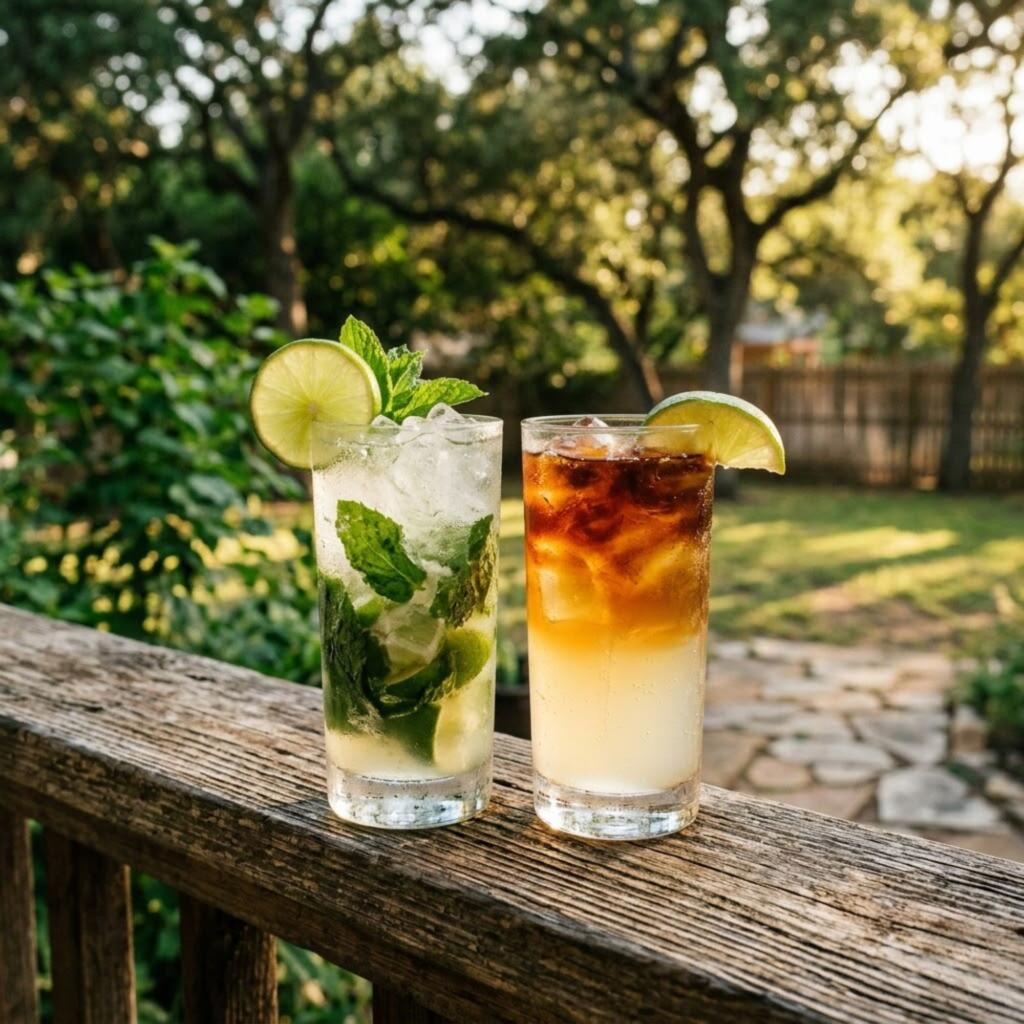 Mojito and dark and stormy rum cocktails side by side for Texas summer
