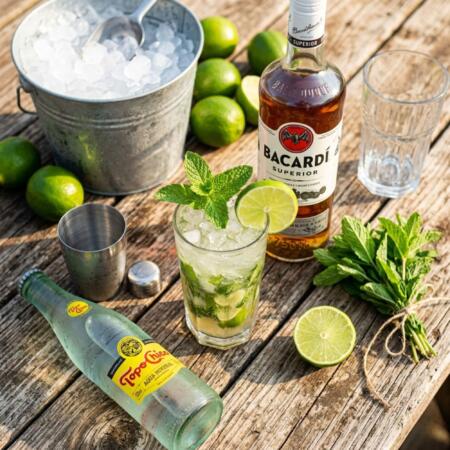 Summer rum cocktails Texas flat lay with Bacardi and fresh limes at Zipps Liquor