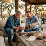 Father's Day Whiskey Gifts 2026: Best Texas Whiskey for Dad Father and adult son sharing Texas whiskey together during Father’s Day evening celebration