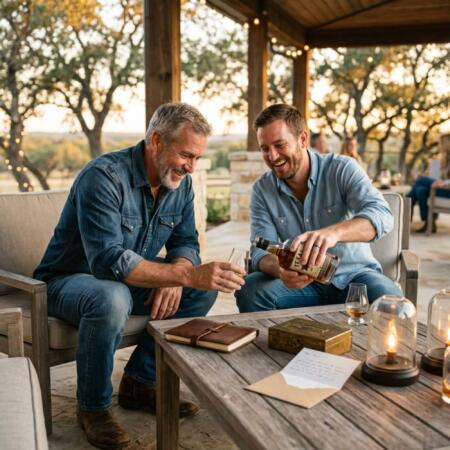 Father and adult son sharing Texas whiskey together during Father’s Day evening celebration