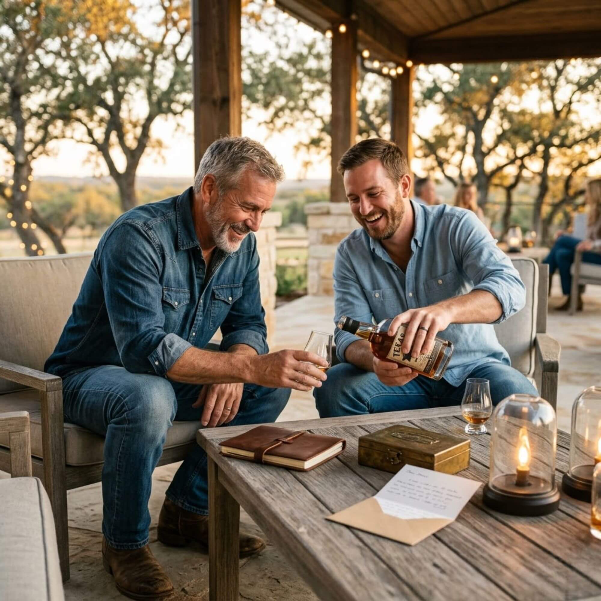 Father and adult son sharing Texas whiskey together during Father’s Day evening celebration