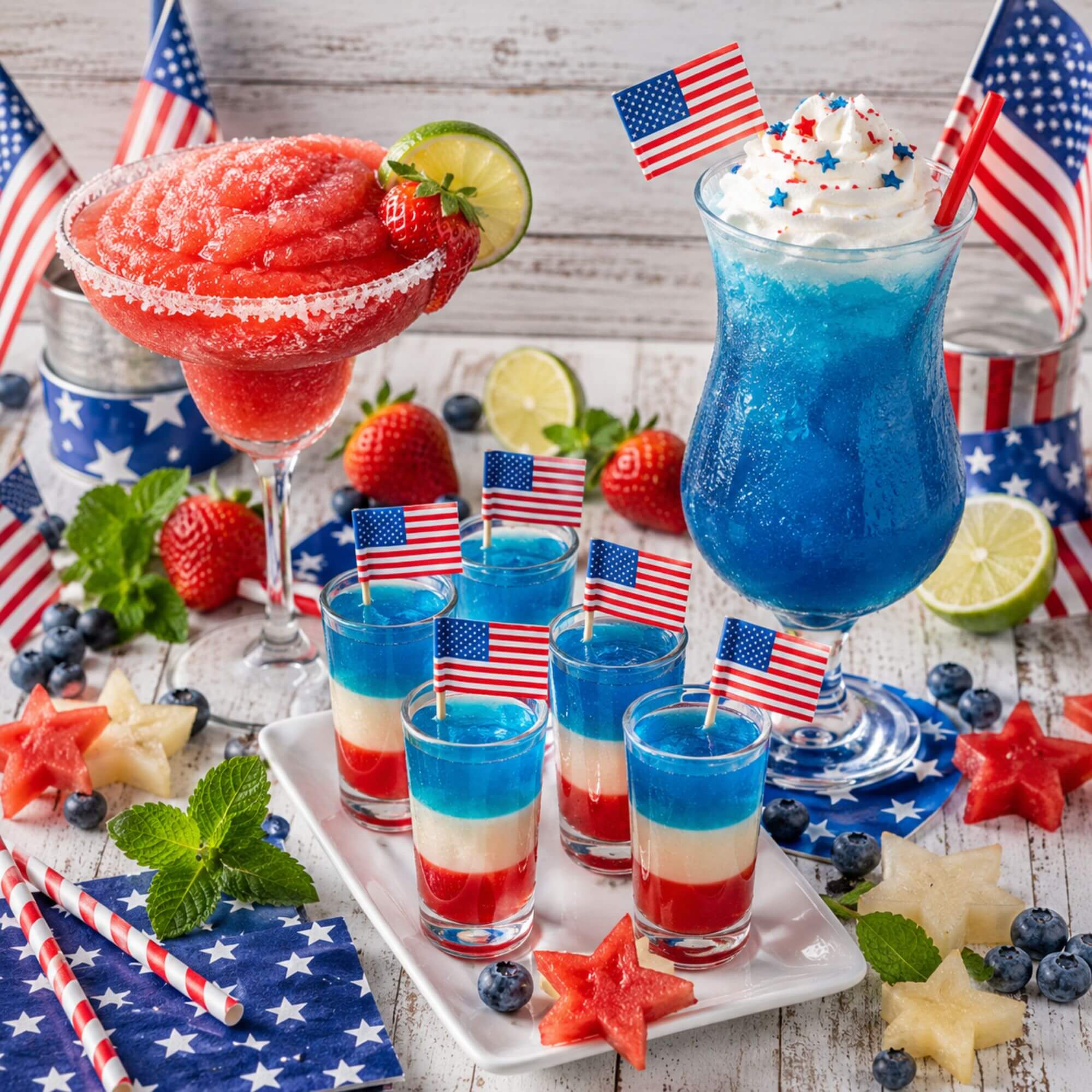 july-4th-cocktails-red-white-blue-drinks-texas-2026 : Red white blue patriotic cocktails layered shots and frozen drinks for July 4th Independence Day party Texas