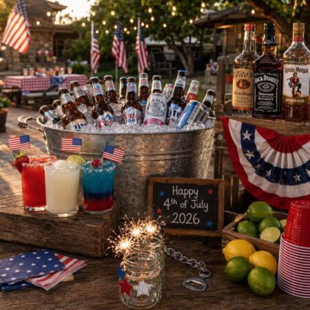 July 4th party drink setup with red white blue cocktails beer buckets and American flags in Texas backyard