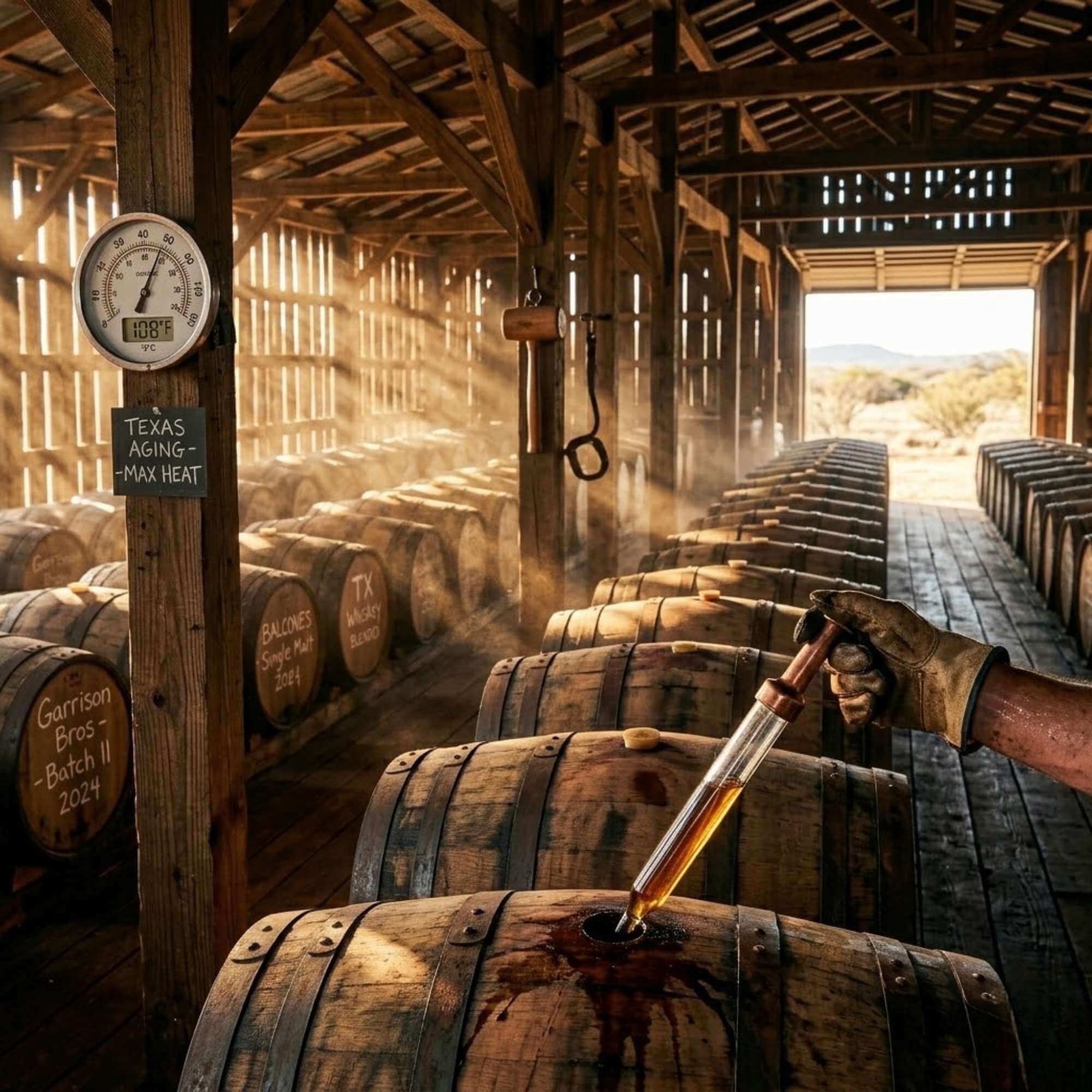 texas-bourbon-aging-warehouse-barrels-comparison-2026 Texas bourbon barrel aging in hot rickhouse warehouse showing temperature effects on wood