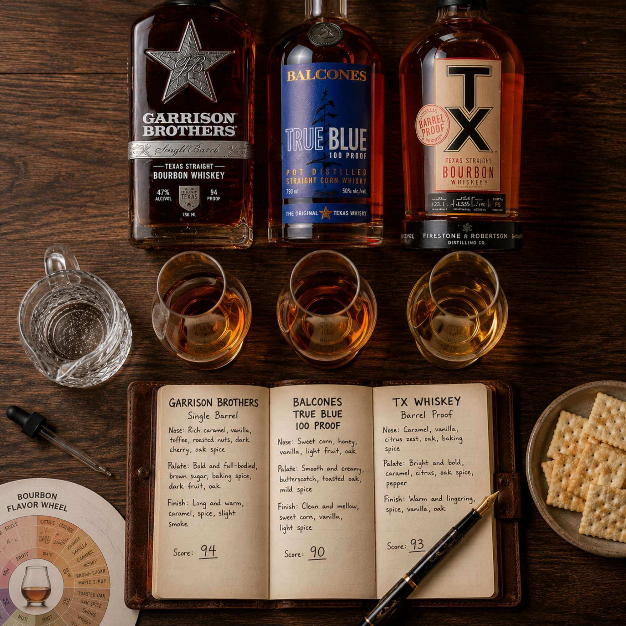 texas-bourbon-tasting-flight-comparison-2026 Texas bourbon tasting flight showing Garrison Brothers, Balcones, and TX Whiskey with tasting notes