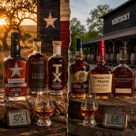 Texas bourbon and Kentucky bourbon bottles side by side showing Garrison Brothers and Buffalo Trace
