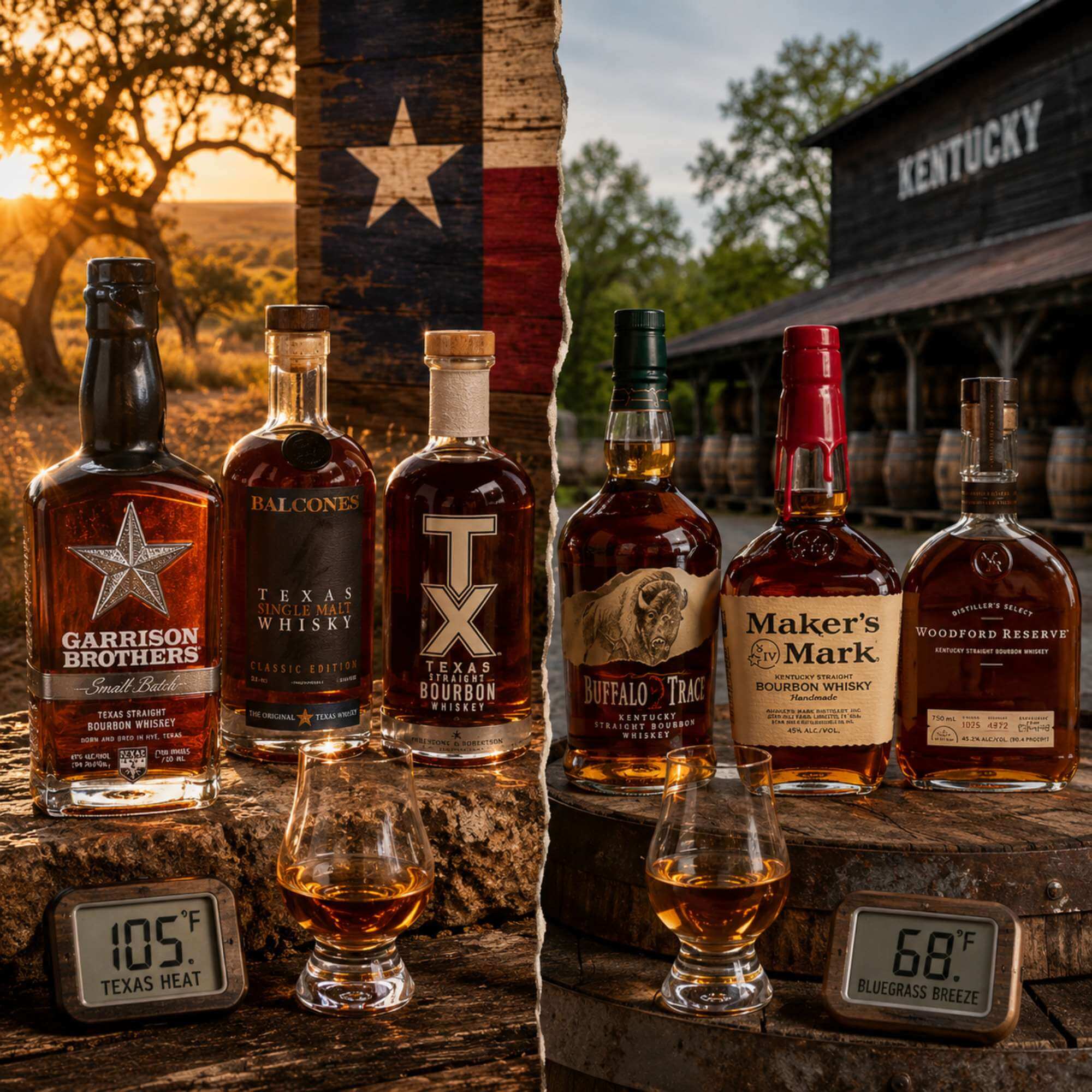 Texas bourbon and Kentucky bourbon bottles side by side showing Garrison Brothers and Buffalo Trace