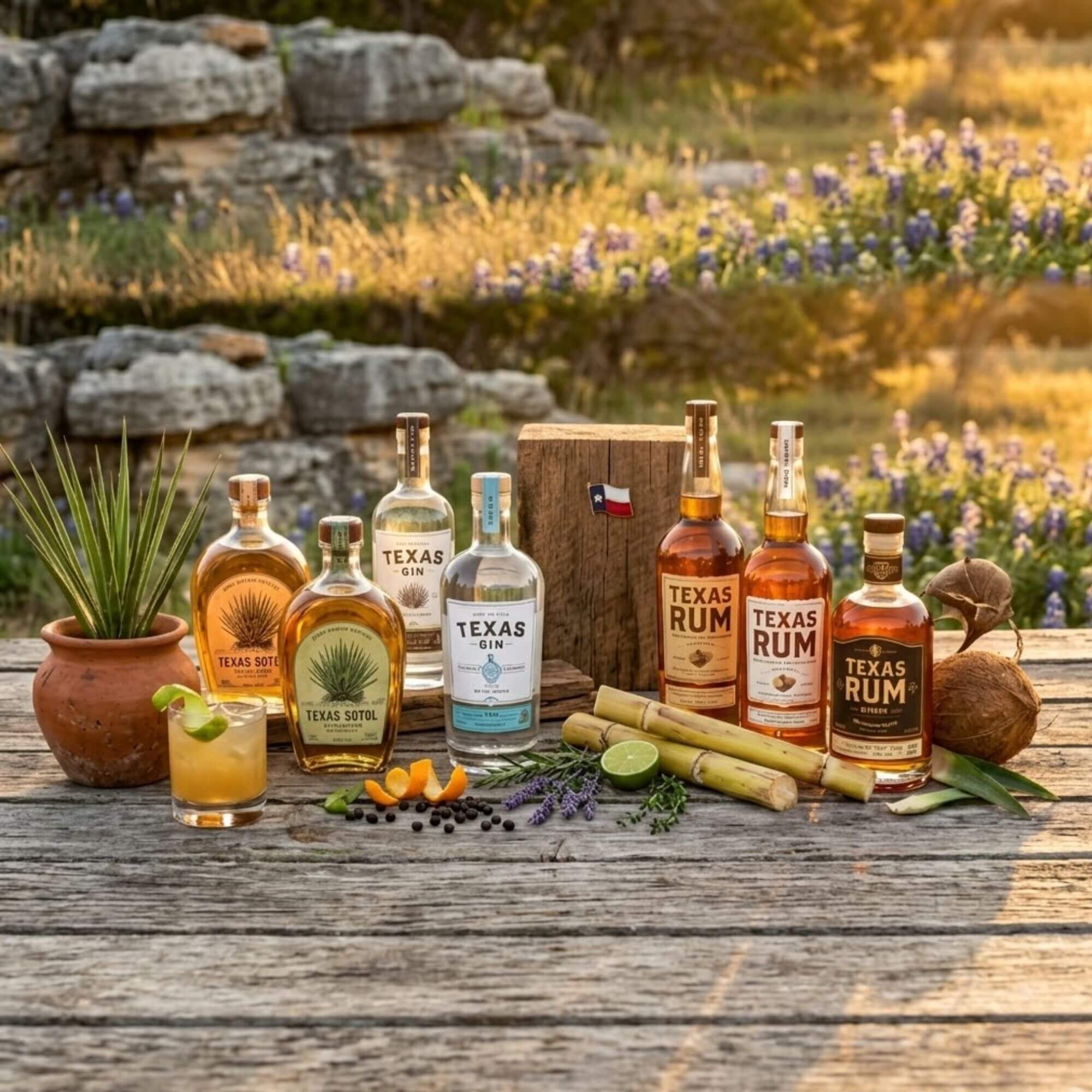 Texas craft spirits collection showing sotol, gin, rum, and liqueurs available at Zipps Liquor
