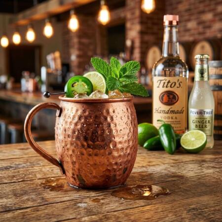 Texas Mule cocktail in copper mug with jalapeño garnish, lime wheel, and fresh mint at Zipps Liquor