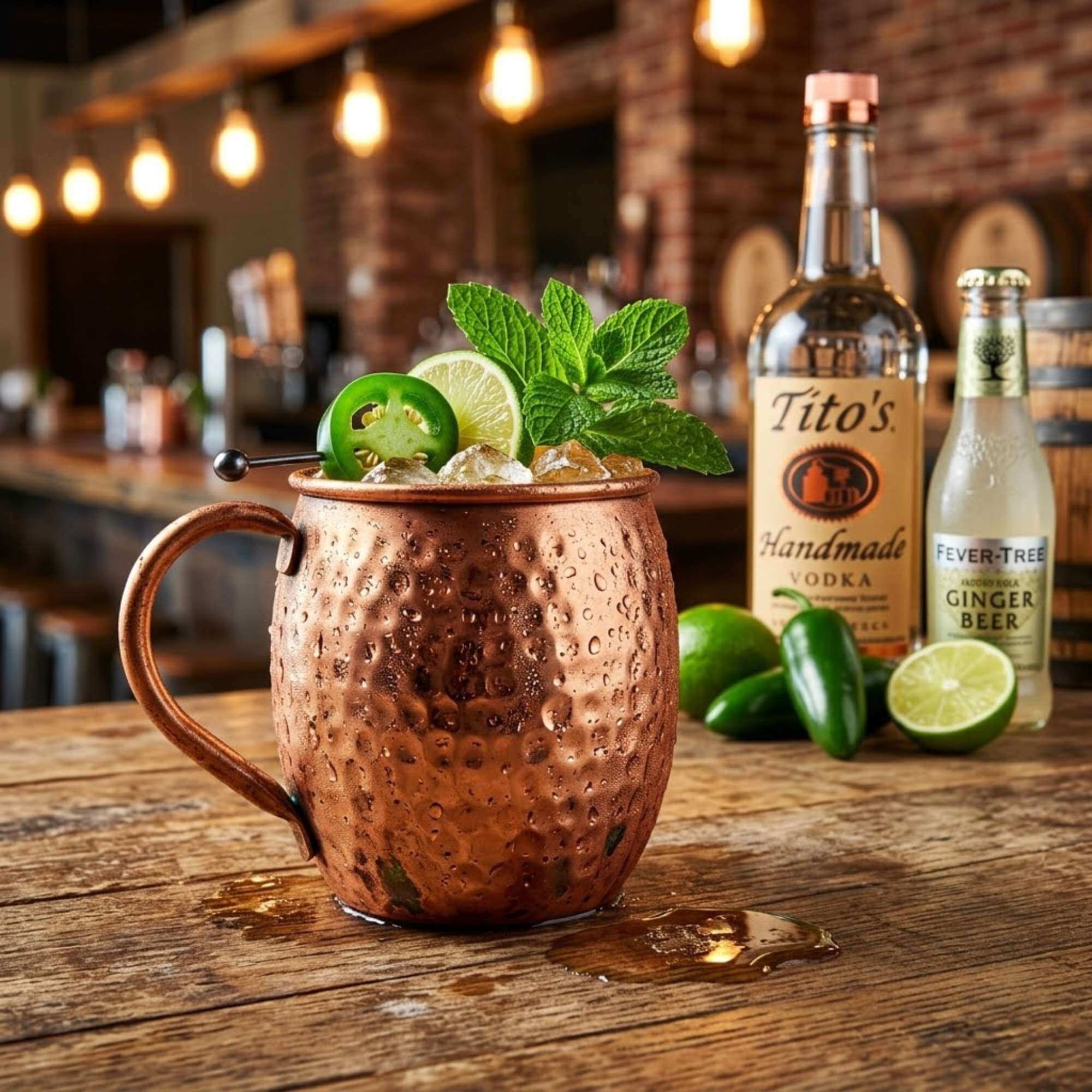 Texas Mule cocktail in copper mug with jalapeño garnish, lime wheel, and fresh mint at Zipps Liquor