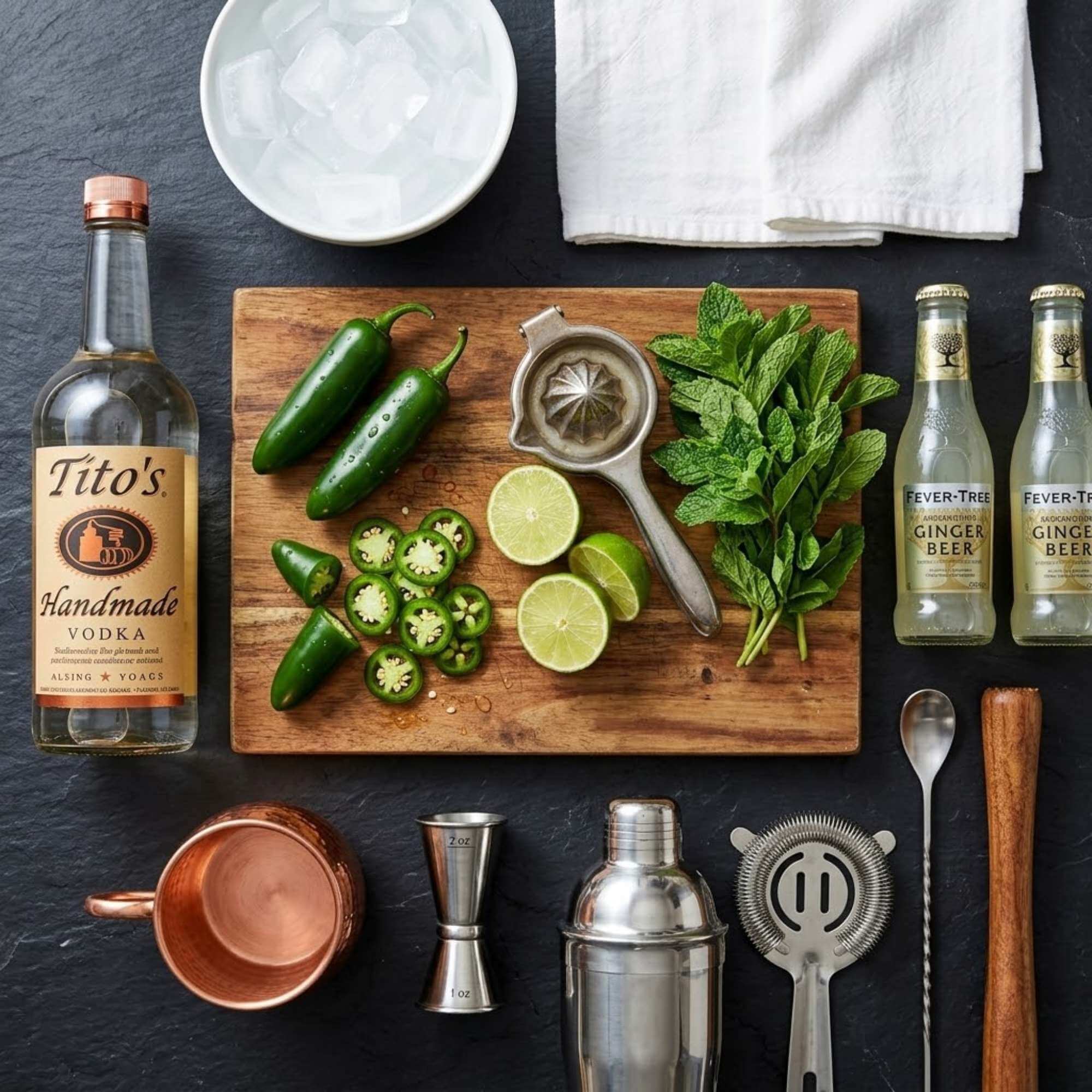 texas-mule-ingredients-overhead-preparation-2026 Texas Mule recipe ingredients laid out including Tito's vodka, jalapeños, limes, and ginger beer