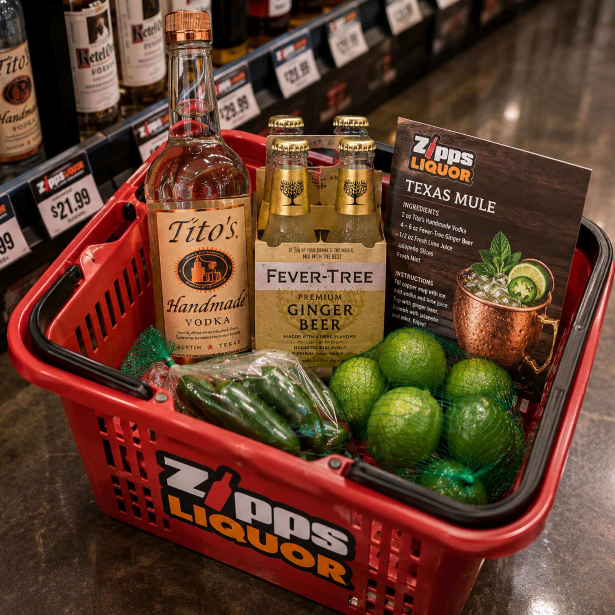 texas-mule-recipe-ingredients-zipps-shopping-2026 Zipps Liquor shopping basket with Texas Mule ingredients including vodka, ginger beer, and fresh produce