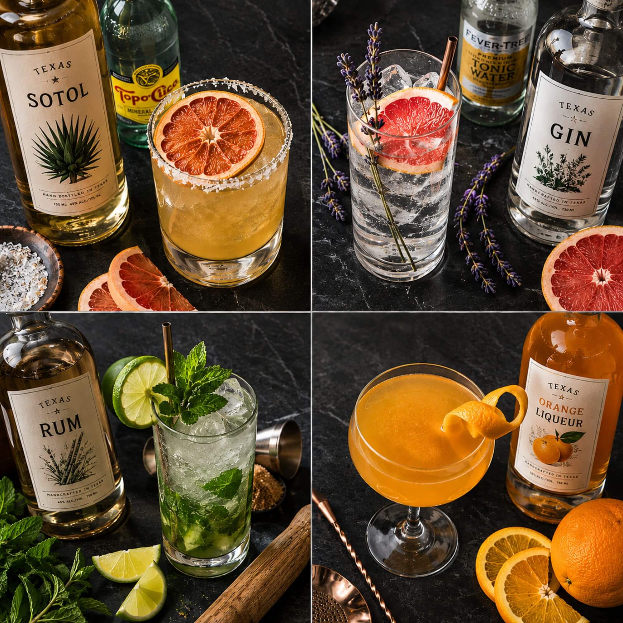 texas-spirits-cocktails-variety-grid-2026 Four Texas craft spirit cocktails showing sotol, gin, rum, and liqueur drinks side by side