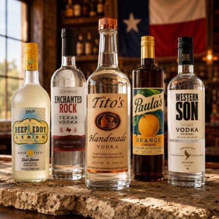 exas vodka brands including Tito's, Deep Eddy, and Western Son bottles displayed at Zipps Liquor store