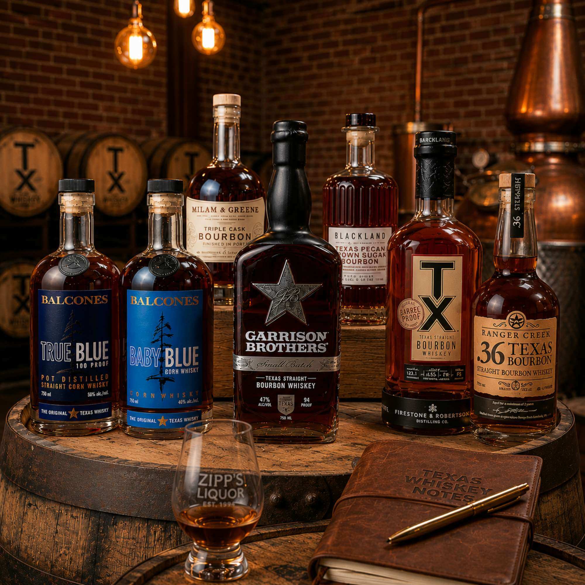 Texas whiskey and bourbon bottles including Garrison Brothers, Balcones, and Blackland displayed at Zipps Liquor