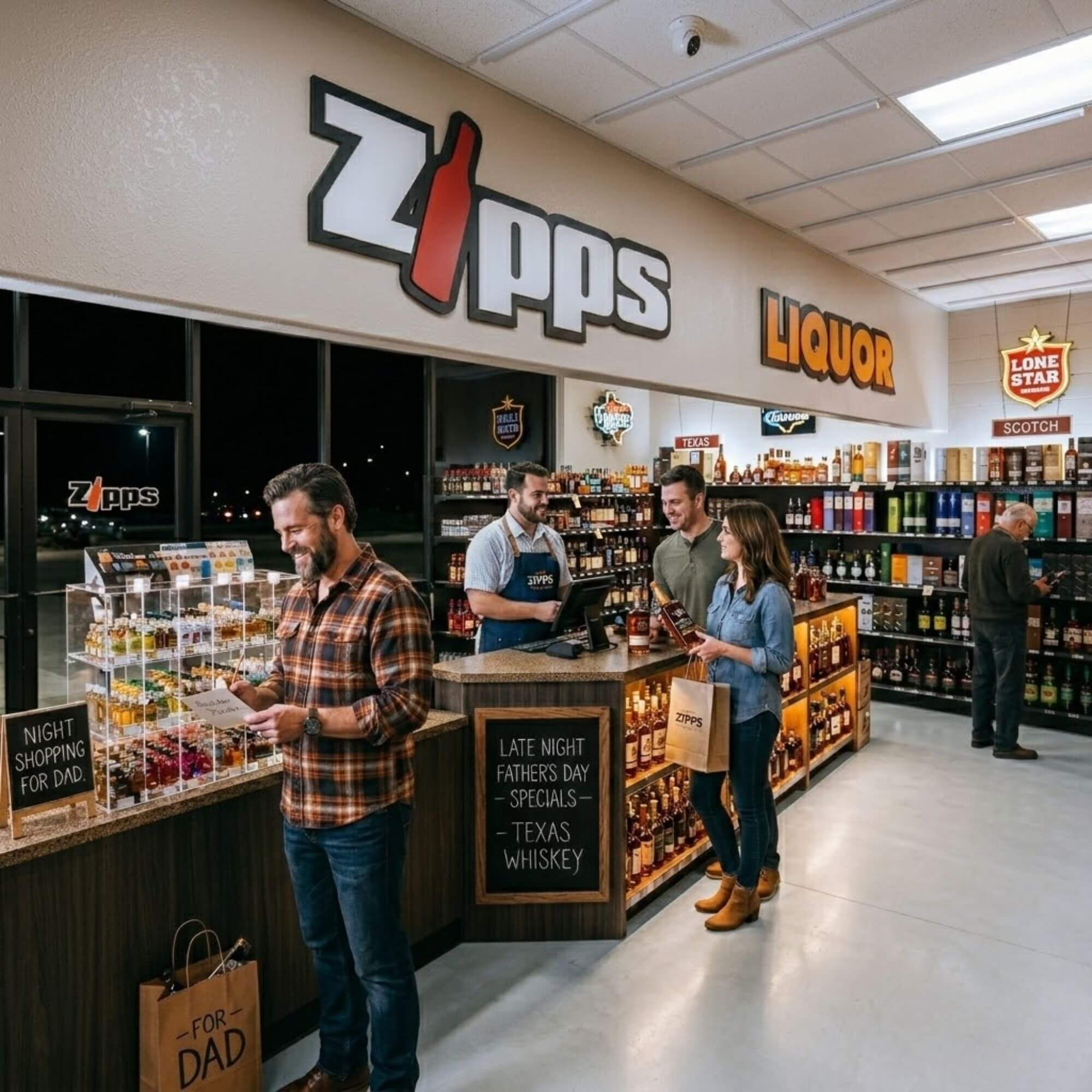 zipps-liquor-fathers-day-whiskey-shopping-2026 Customer shopping for Father’s Day Texas whiskey gifts inside Zipps Liquor
