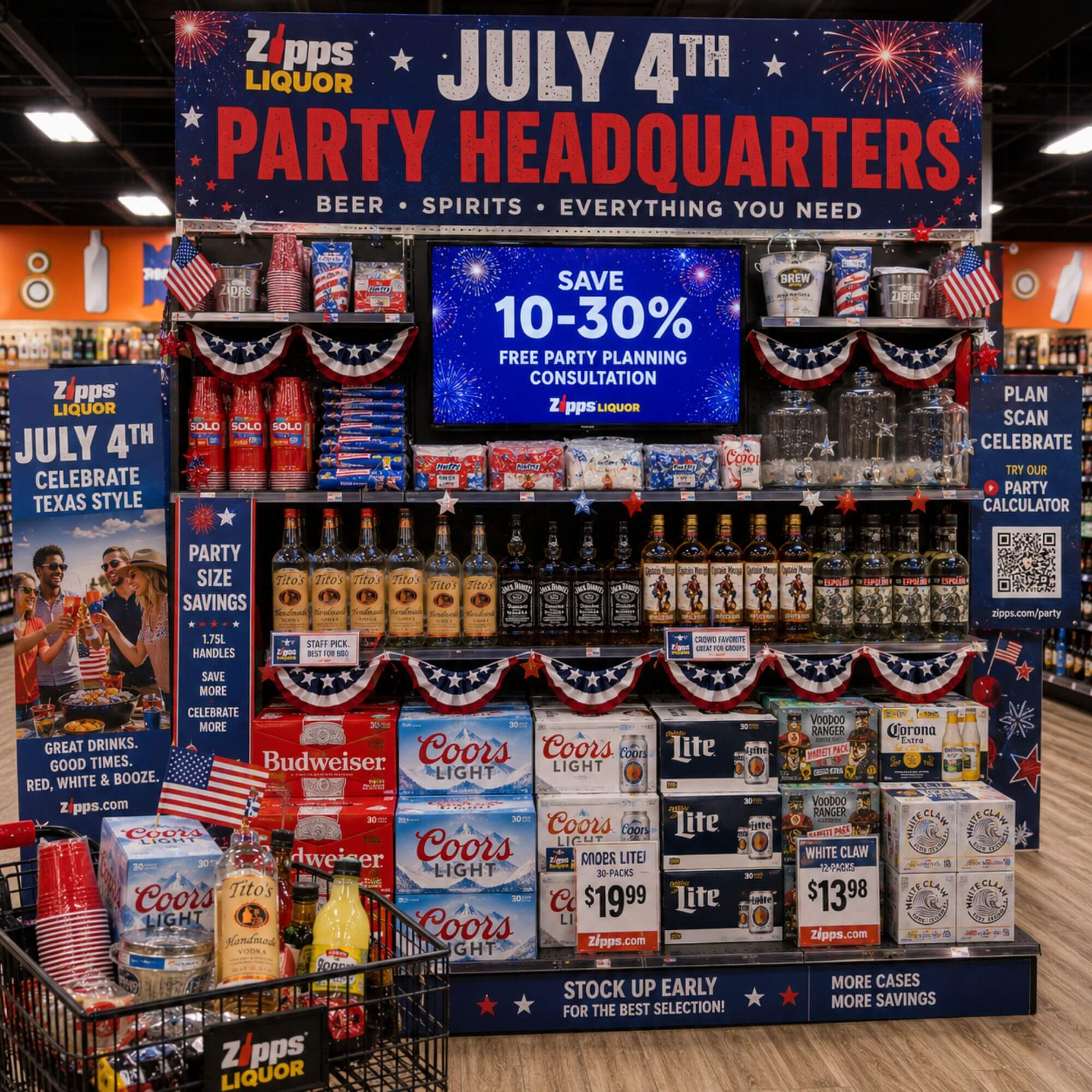 zipps-liquor-july-4th-display-texas-2026 Zipps Liquor July 4th promotional display showing beer spirits party supplies with patriotic decorations and Texas savings