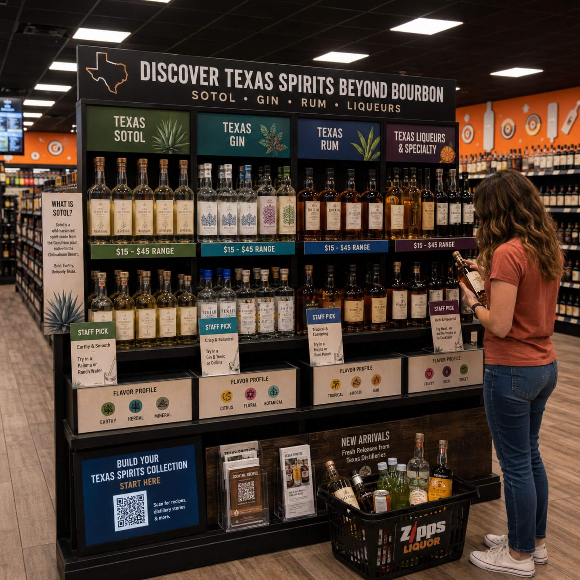 zipps-liquor-texas-spirits-beyond-bourbon-section-2026 Zipps Liquor craft spirits section featuring Texas sotol, gin, rum, and specialty spirits beyond bourbon