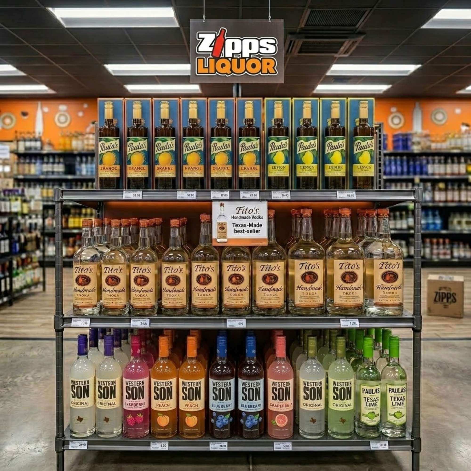 zipps-liquor-texas-vodka-shelf-display-2026 Zipps Liquor store shelf displaying complete Texas vodka selection with price tags and promotional signage